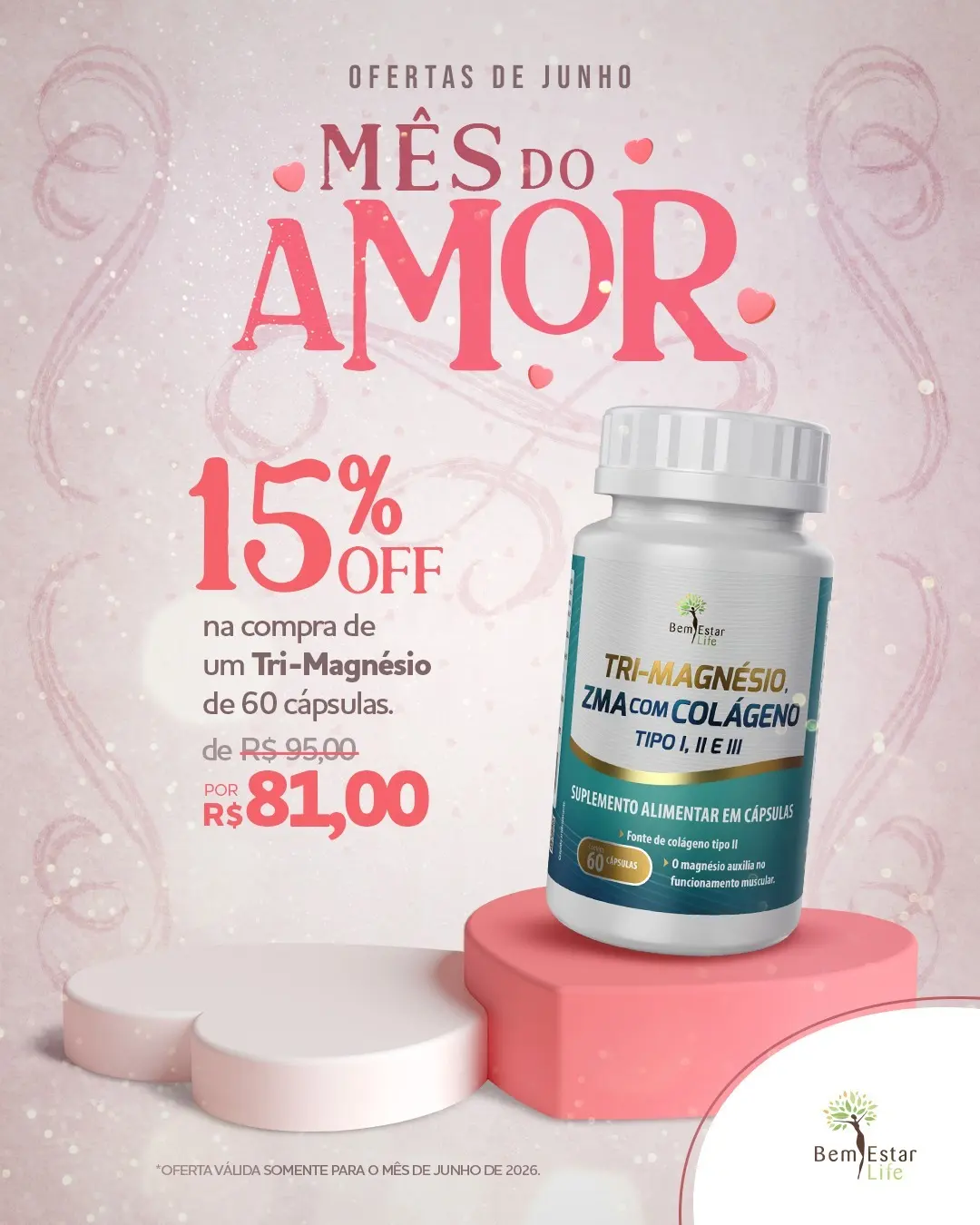 15% DE DESCONTO NA COMPRA DE TRI-MAGNÉSIO + ZMA COM COLÁGENO 1.2.3 DE 60 CAPSULAS.