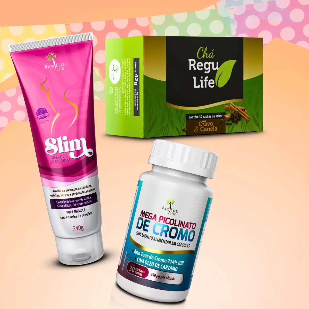 NA COMPRA DO GEL SLIM REDUTOR DE MEDIDAS 240 G + CHÁ REGU LIFE 30 SACHÊ CRAVO E CANELA - BRNDE MEGA PICOLINATO DE CROMO 30 CAPS.