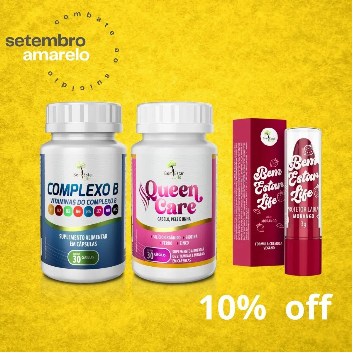 KIT 10% DESCONTO QUEEN CARE Cabelos Unhas 30 CAPS. + COMPLEXO B - 30 CAPSULAS + PRESENTE PROTETOR LABIAL MORANGO