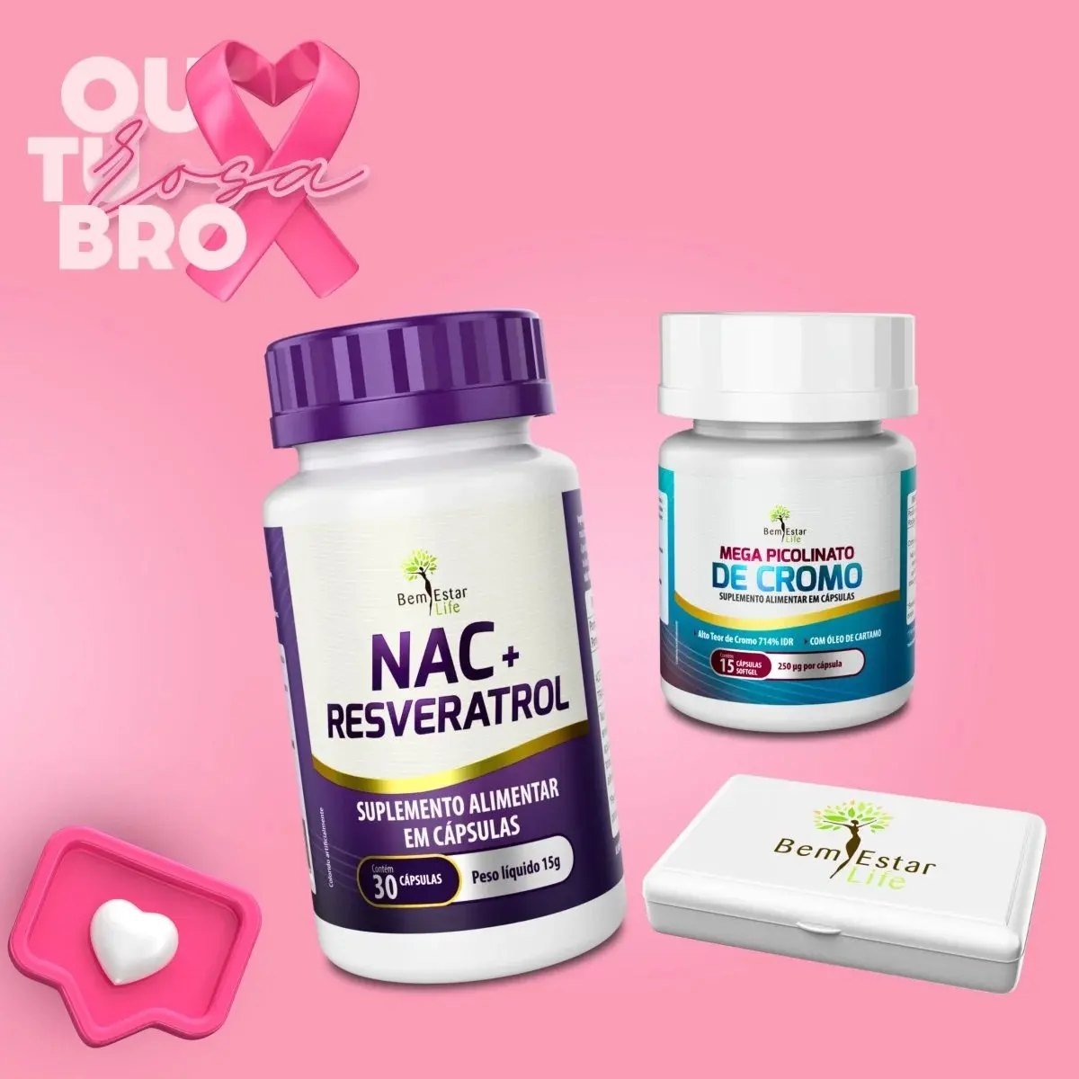 NAC + RESVERATROL 30 CAPSULAS / PRESENTE MEGA PICOLINATO DE CROMO - 15 CAPS. / PRESENTE PORTA CAPSULAS, 4 ESPAÇOS
