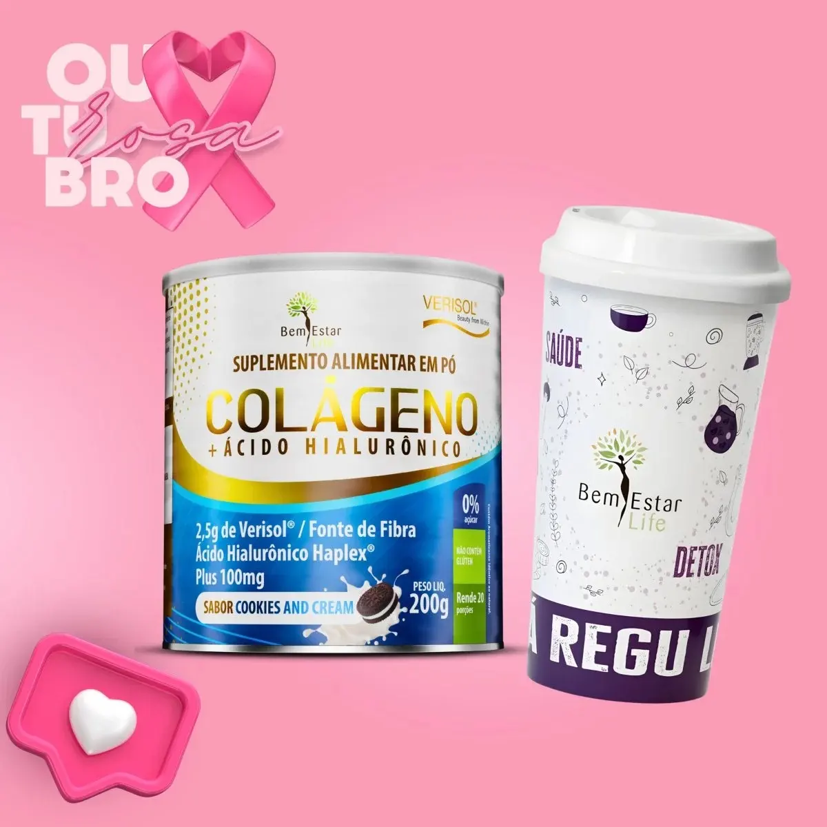 COLÁGENO VERISOL COM ÁCIDO HIALURÔNICO 200G. - SABOR COOKIES AND CREAM / PRESENTE COPO ECOLOGICO 550 ML. COR ROXO