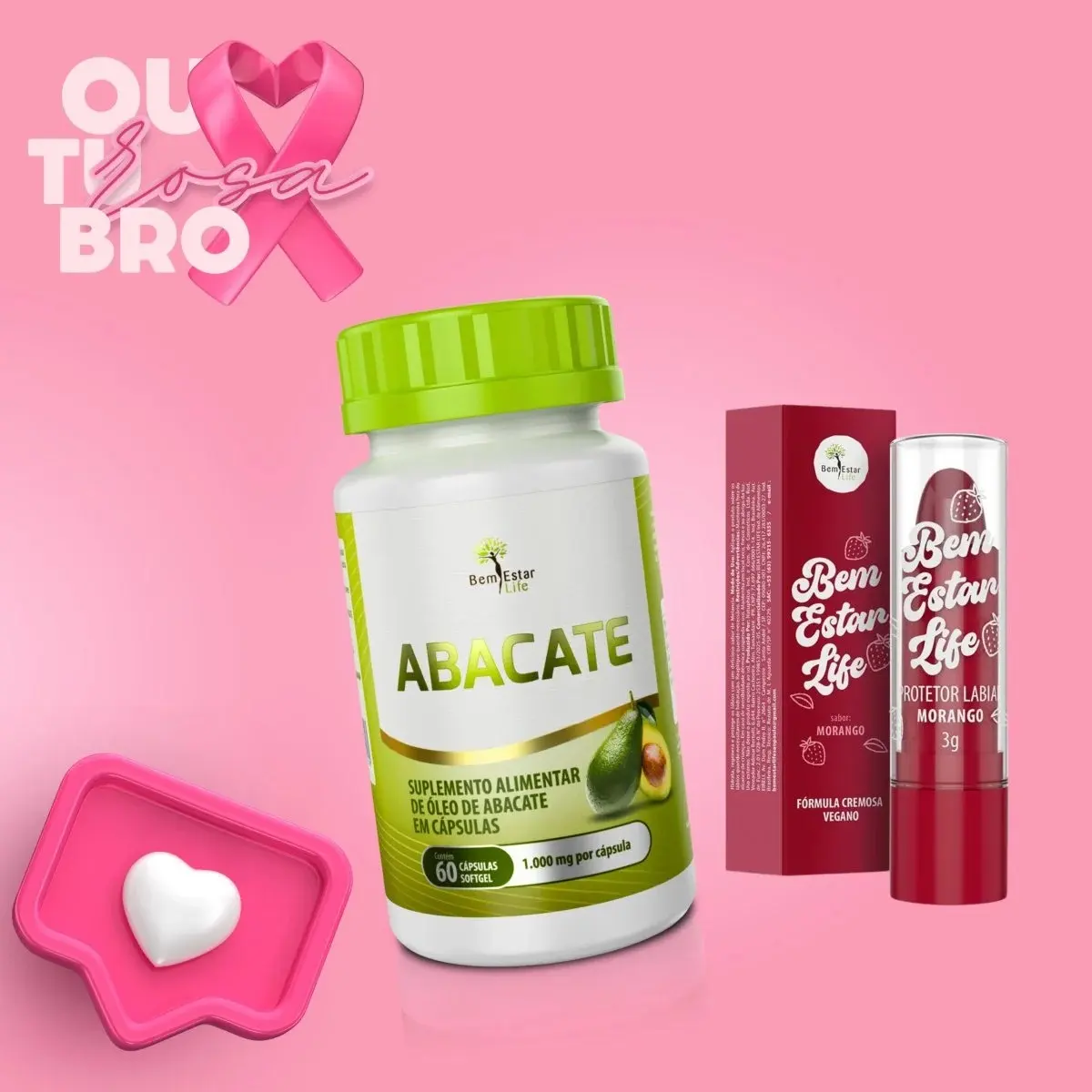 ABACATE COM VITAMINA E - 60 CAPSULAS / PRESENTE PROTETOR LABIAL - SABOR MORANGO