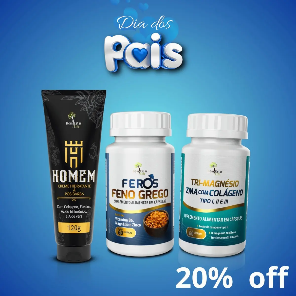 OFERTA: KIT 20% DESCONTO FENO GREGO FEROS 60 CAPS. + TRIMAGNESIO COM ZMA 60 CAPS + CREME FACIAL POS BARBA 120 GR.